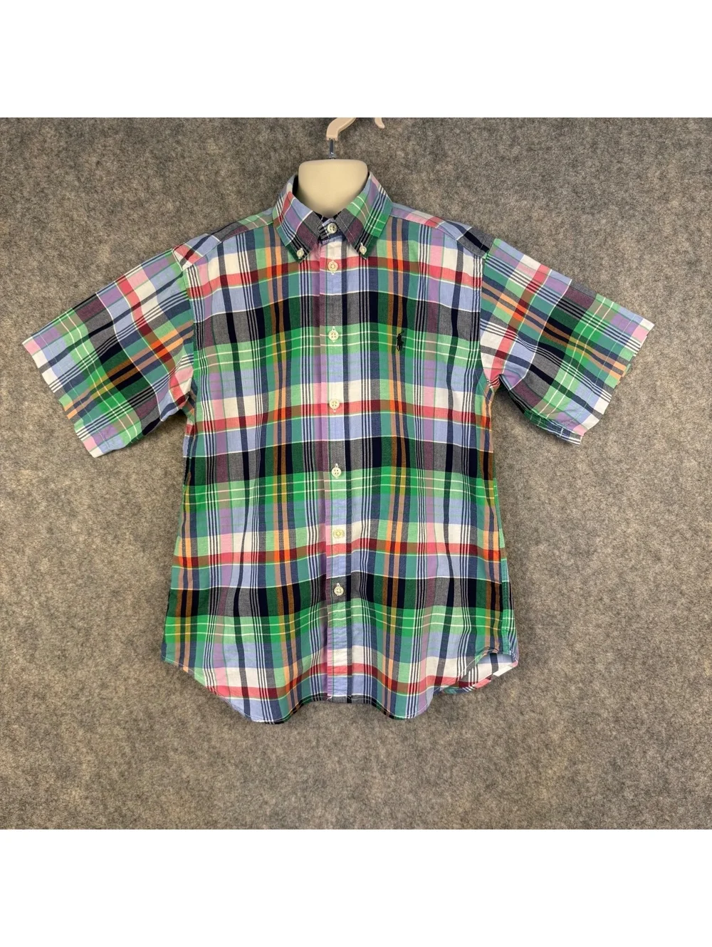 Ralph Lauren Short Sleeve Button Shirt Green Blue Red Plaid Boy’s Medium 117